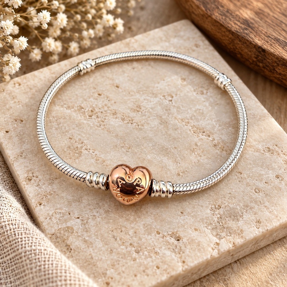 PANDORA Rose Gold Sterling Snake Chain Bracelet Two Tone 925 Moment Heart Clasp